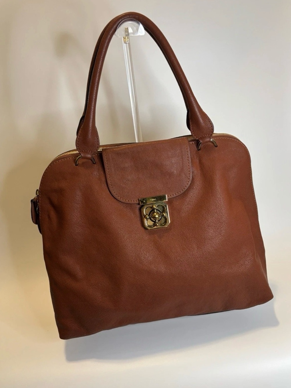 CHLOE ($1550) Turn Lock Tote Bag in Brown Leather & Gold Hardware AUTHENTIC
